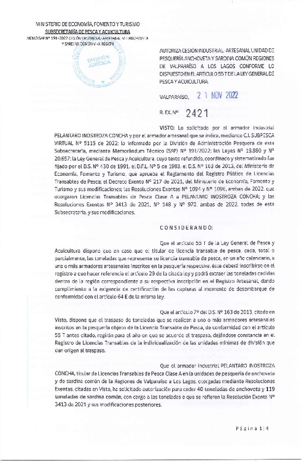 Res. Ex. N° 2421-2022, Autoriza Cesión unidad de pesquería Anchoveta y Sardina Común, Regiones Valparaíso a Los Lagos. (Publicado en Página Web 22-11-2022)