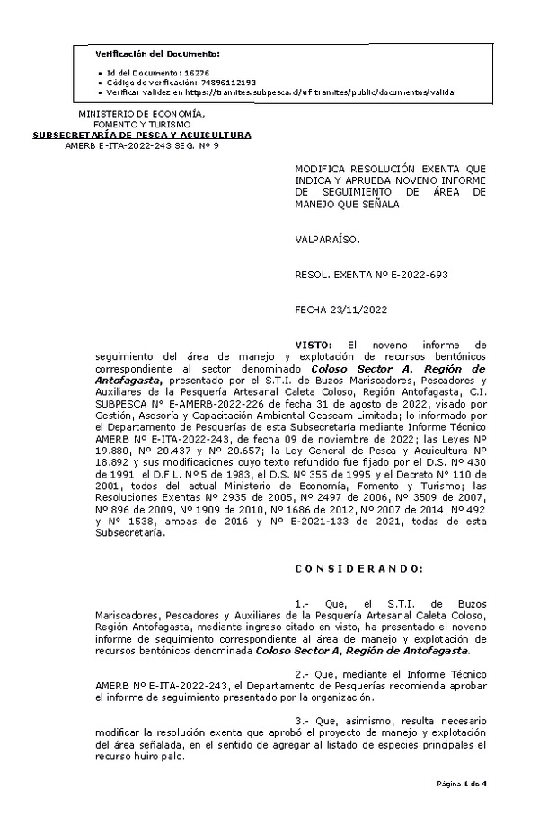 RESOL. EXENTA Nº E-2022-693  Modifica resolución que indica, Aprueba 9° seguimiento. (Publicado en Página Web 24-11-2022)