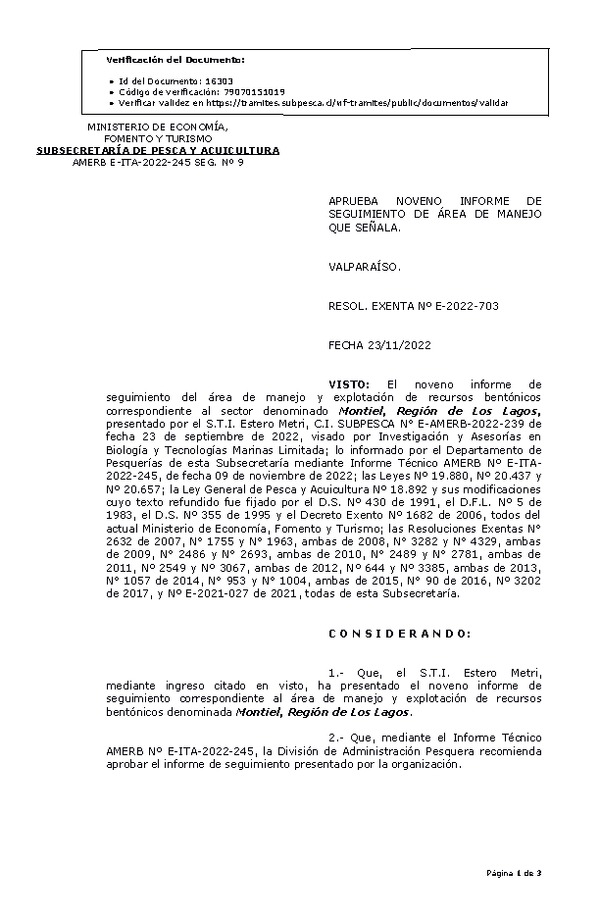 RESOL. EXENTA Nº E-2022-703  Aprueba 9° seguimiento. (Publicado en Página Web 24-11-2022)