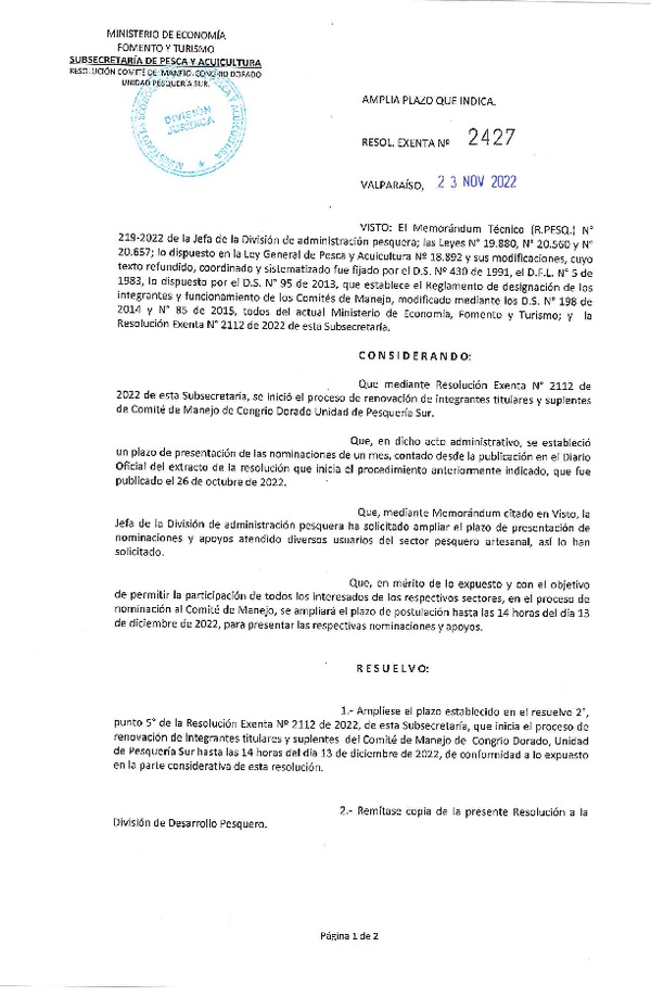 Res. Ex. N° 2427-2022 Amplía Plazo que Indica en Res. Ex. N° 2112-2022. (Publicado en Página Web 24-11-2022)