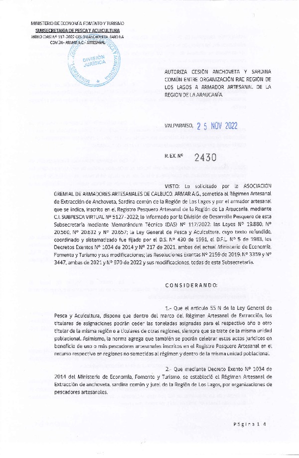 Res. Ex. N° 2430-2022 Autoriza Cesión de Anchoveta y Sardina común, Regiones de Los Lagos a La Araucanía. (Publicado en Página Web 25-11-2022)