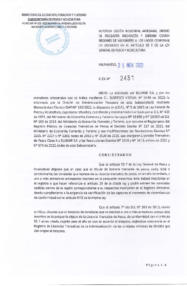 Res. Ex. N° 2431-2022, Autoriza Cesión unidad de pesquería Anchoveta y Sardina Común, Regiones Valparaíso a Los Lagos. (Publicado en Página Web 25-11-2022)