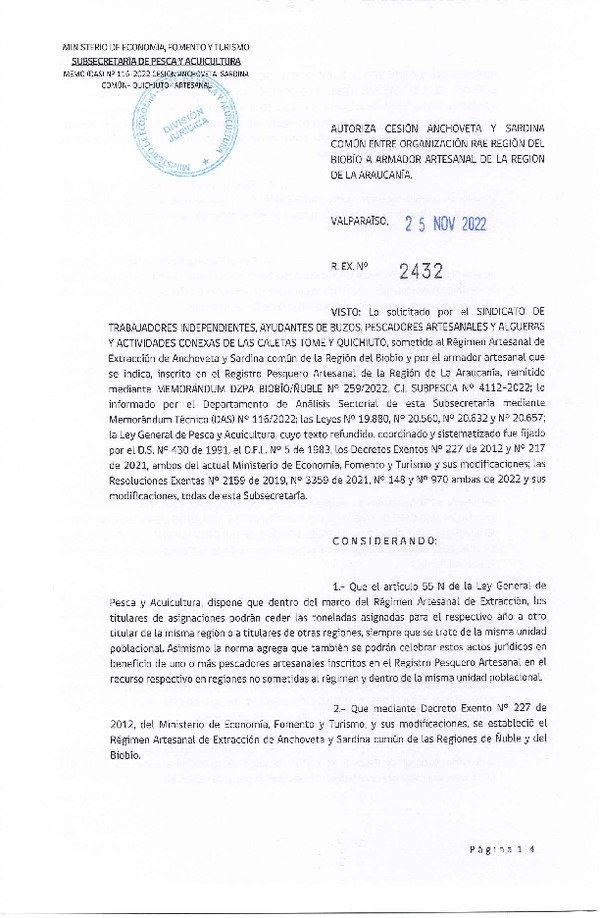 Res. Ex. N° 2432-2022 Autoriza Cesión de Anchoveta y Sardina común, Regiones del Biobío a La Araucanía. (Publicado en Página Web 25-11-2022)