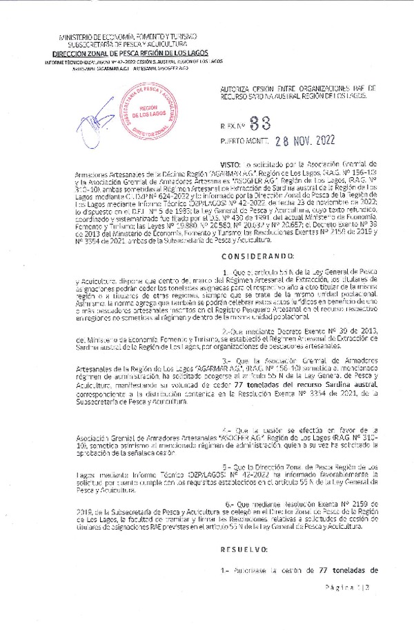 Res. Ex. N° 33-2022 (DZP Los Lagos) Autoriza cesión sardina austral Región de Los Lagos. (Publicado en Página Web 28-11-2022)
