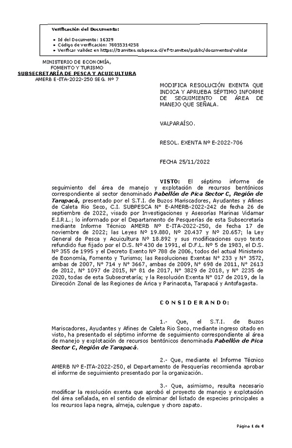 RESOL. EXENTA Nº E-2022-706 Modifica resolución que indica, Aprueba 7° seguimiento. (Publicado en Página Web 29-11-2022)