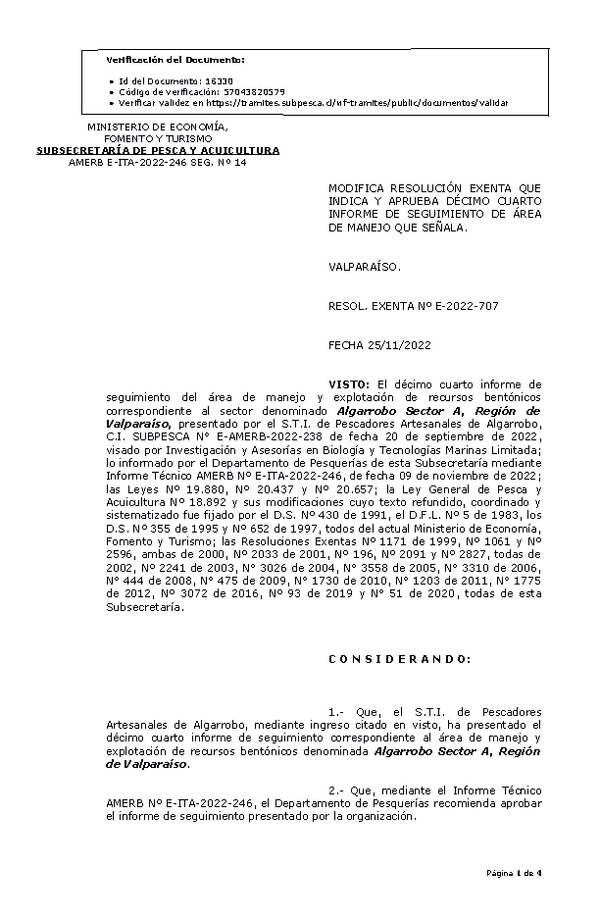 RESOL. EXENTA Nº E-2022-707 Modifica resolución que indica, Aprueba 14° seguimiento. (Publicado en Página Web 29-11-2022)