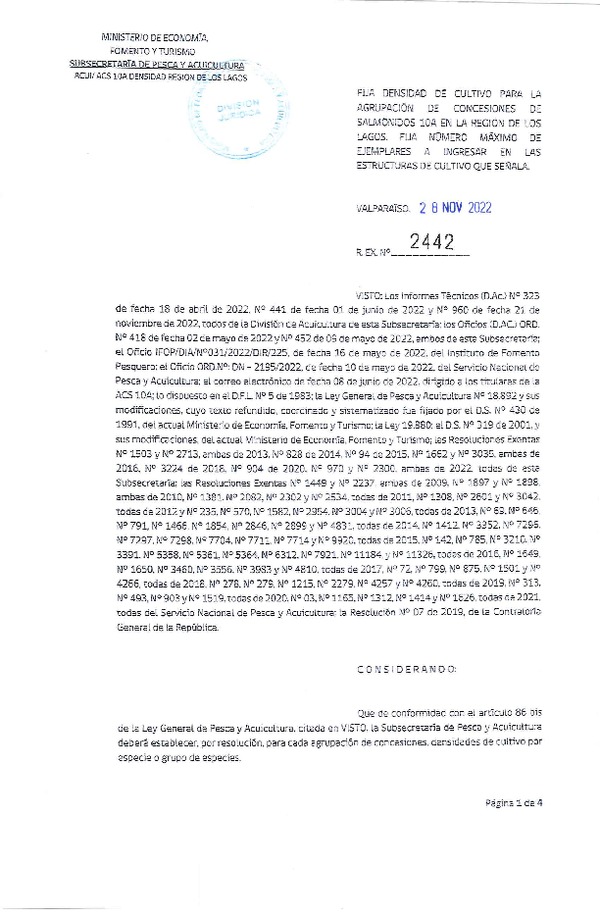 Res. Ex. N° 2442-2022 Fija densidad de cultivo para la agrupación de concesiones de salmónidos 10A, en la Región de Los Lagos. (Con Informe Técnico) (Publicado en Página Web 29-11-2022)