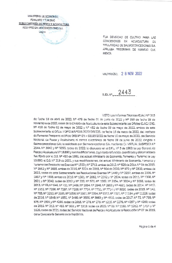 Res. Ex. N° 2443-2022 Fija densidad de cultivo las concesiones de acuicultura de titularidad de Samoconcesiones S.A., Aprueba programa de manejo que indica. (Con Informe Técnico) (Publicado en Página Web 29-11-2022)