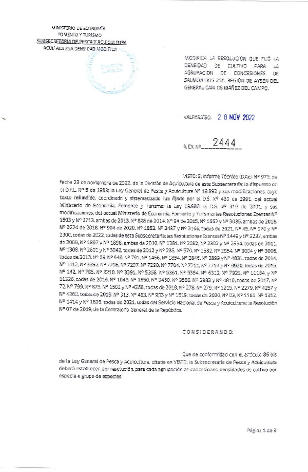 Res. Ex. N° 2444-2022 Modifica Res. Ex. N° 1852-2021 Fija densidad de cultivo para las agrupación de concesiones de salmónidos 25A en la Región de Aysén.(Con Informe Técnico) (Publicado en Página Web 29-11-2022)