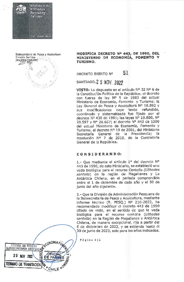 Dec. Ex. N° 51-2022 Modifica D.S. N° 443-1990 Veda Biológica Recurso Centolla, Región de Magallanes y La Antártica Chilena. (Publicado en Página Web 30-11-2022)