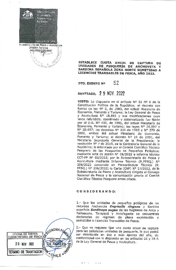 Dec. Ex. N° 52-2022 Establece Cuota de Captura de Unidades de Pesquería de Anchoveta y Sardina Española Zona Norte Sometidas a Licencias Transables de Pesca, Año 2023. (Publicado en Página Web 30-11-2022)