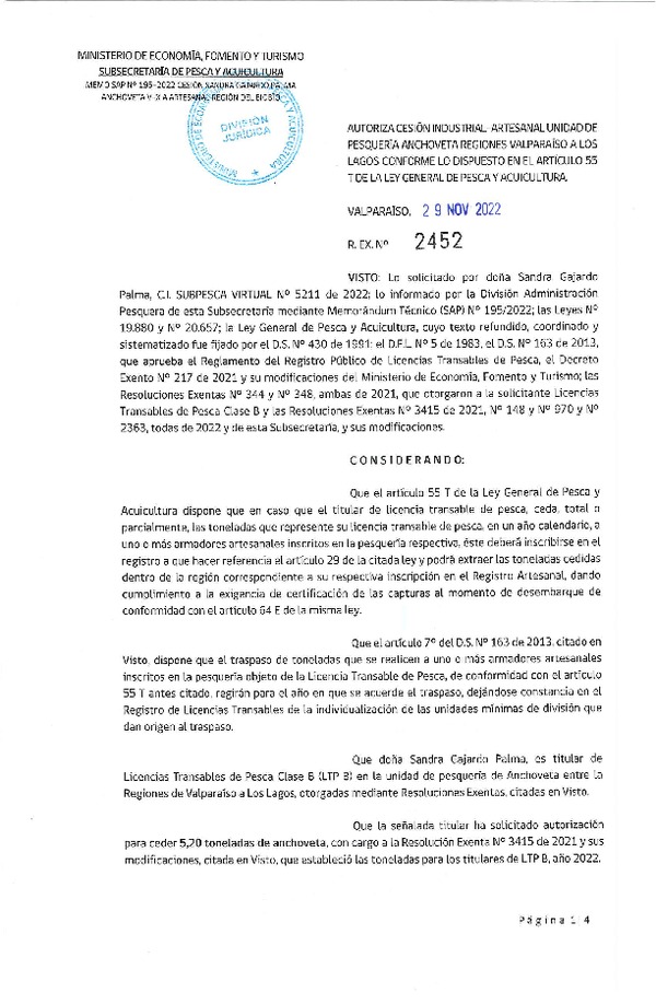 Res. Ex. N° 2452-2022, Autoriza Cesión unidad de pesquería Anchoveta, Regiones Valparaíso a Los Lagos. (Publicado en Página Web 30-11-2022)