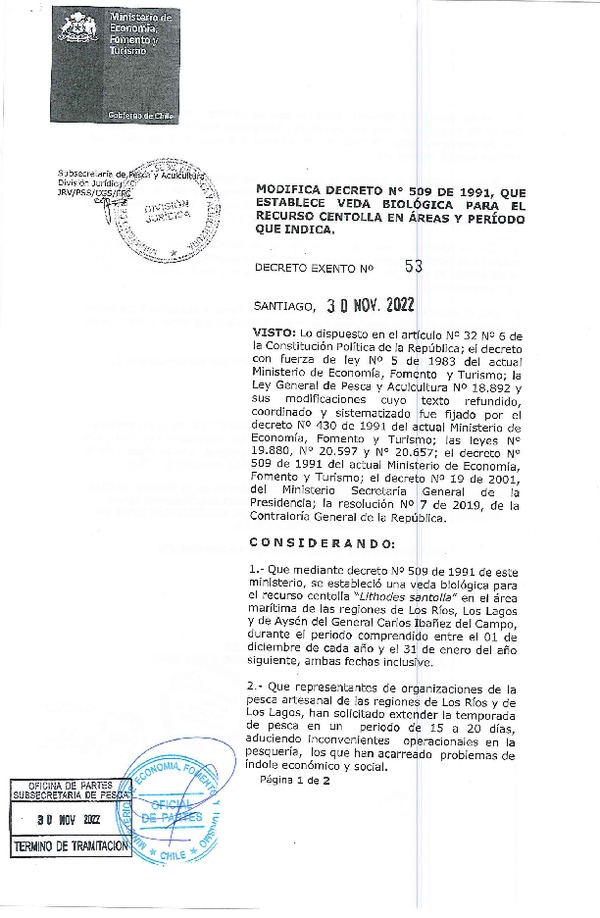 Dec. Ex. N° 53-2022 Modifica D.S. N° 509-1991 Veda Biológica Recurso Centolla, Regiones de Los Ríos y de Los Lagos. (Publicado en Página Web 30-11-2022)