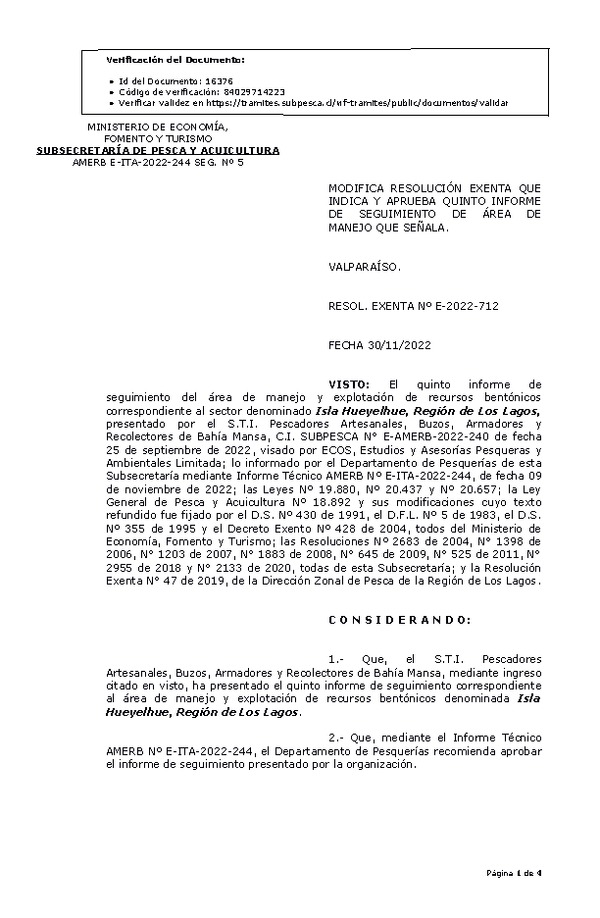 RESOL. EXENTA Nº E-2022-712 Modifica resolución que indica, Aprueba 5° seguimiento. (Publicado en Página Web 01-12-2022)