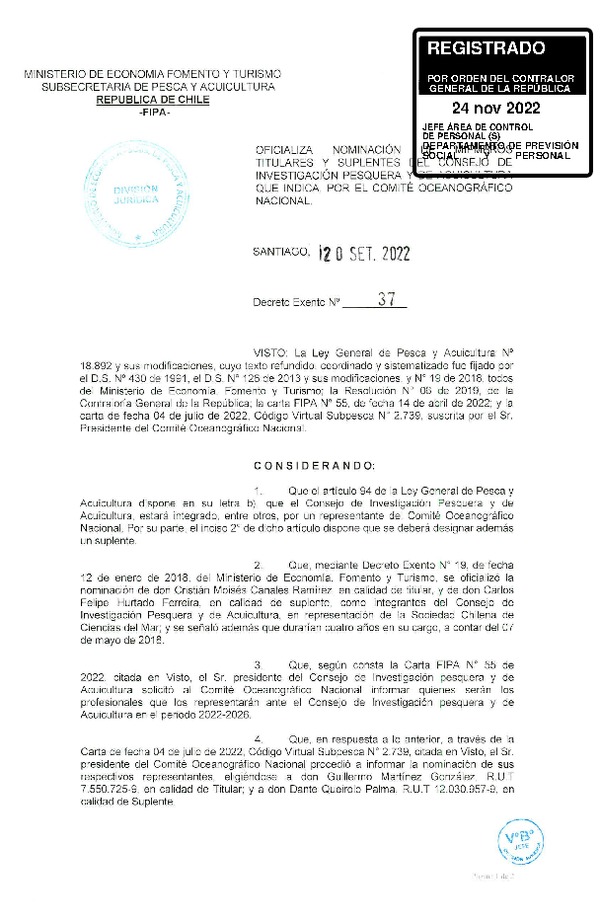 Dec. Ex. N° 37-2022 Oficializa Nominación de Miembros Titulares y Suplentes del Consejo de Investigación Pesquera y de Acuicultura que Indica. Por el Comité Oceanográfico Nacional. (Publicado en Página Web 01-12-2022)