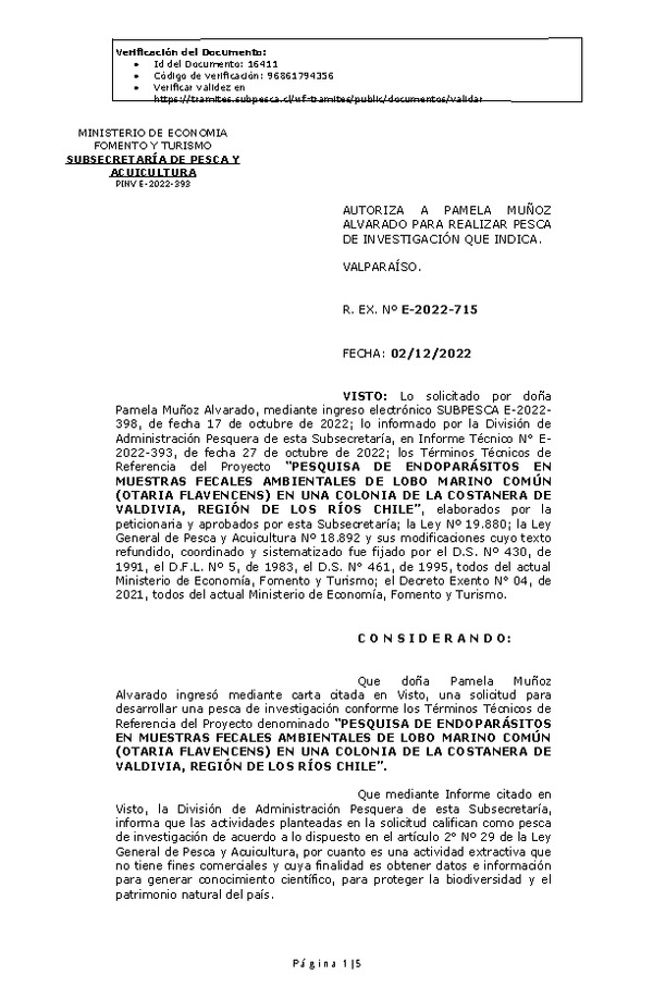 R. EX. Nº E-2022-715 AUTORIZA A PAMELA MUÑOZ ALVARADO PARA REALIZAR PESCA DE INVESTIGACIÓN QUE INDICA.. (Publicado en Página Web 05-12-2022)