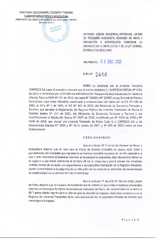 Res. Ex. N° 2466-2022 Autoriza Cesión Anchoveta, Regiones de Arica y Parinacota a Región de Antofagasta. (Publicado en Página Web 06-12-2022)