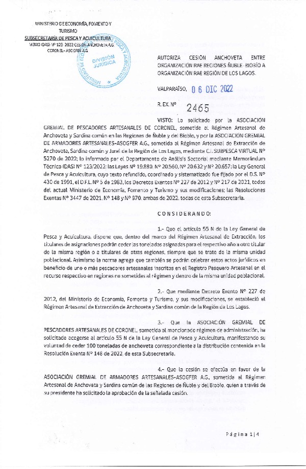 Res. Ex. N° 2465-2022 Autoriza Cesión Anchoveta, Región Ñuble-Biobío a Los Lagos. (Publicado en Página Web 06-12-2022)