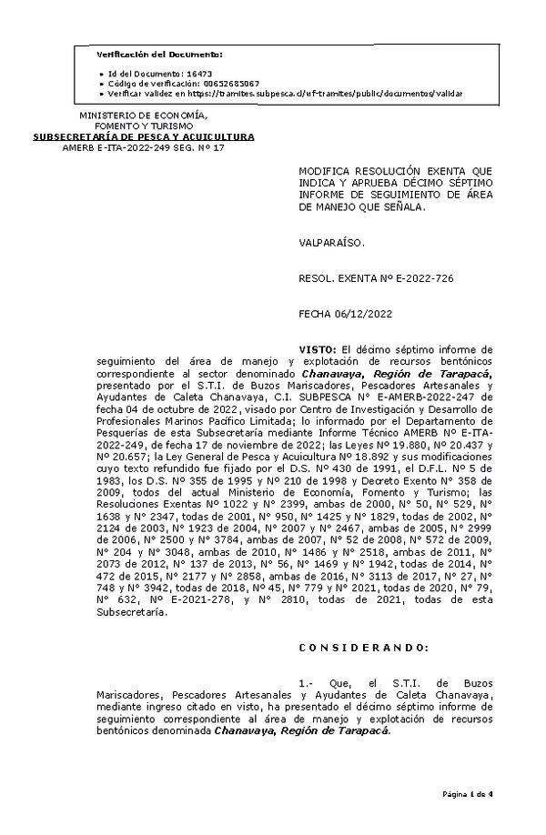 RESOL. EXENTA Nº E-2022-726 Modifica Resolución que indica, Aprueba 17° Seguimiento que señala. (Publicado en Página Web 06-12-2022)