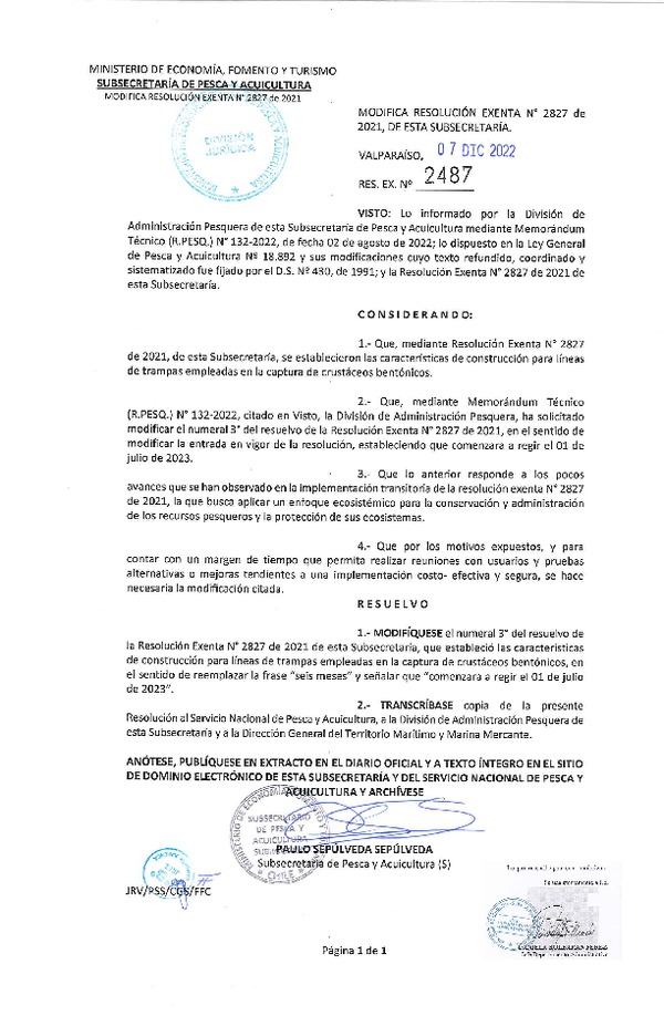 Res. Ex. N°2487-2022 Modifica Res. Ex. N° 2827-2021 Establece Características de Construcción para Líneas de Trampas Empleadas en la Captura de Crustáceos Bentónicos. (Publicado en Página Web 07-12-2022)