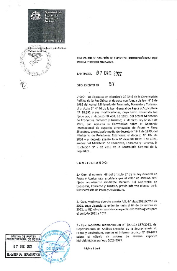 Dec. Ex. N° 57-2022 Fija Valor de Sanción de Especies hidrobiológicas que indica, Período 2022-2023. (Publicado en Página Web 07-12-2022)