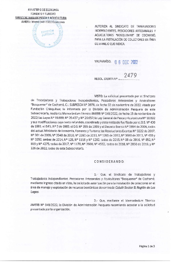 Res. Ex. N° 2479-2022, Autoriza Instalación de Colectores en Área de Manejo que Indica. (Publicado en Página en Página Web 07-12-2022)