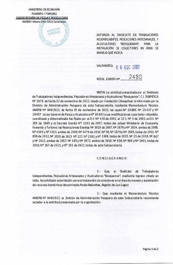 Res. Ex. N° 2480-2022, Autoriza Instalación de Colectores en Área de Manejo que Indica. (Publicado en Página en Página Web 07-12-2022)