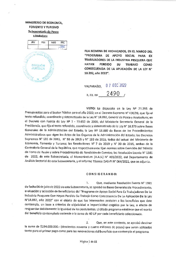 Res. Ex. N° 1290-2022 Fija nómina de rechazados que indica, en el marco del programa de apoyo que señala. (Publicado en Página Web 07-12-2022)