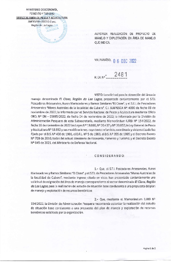Res. Ex. N° 2481-2022 Autoriza Proyecto de Manejo. (Publicado en Página Web 09-12-2022)