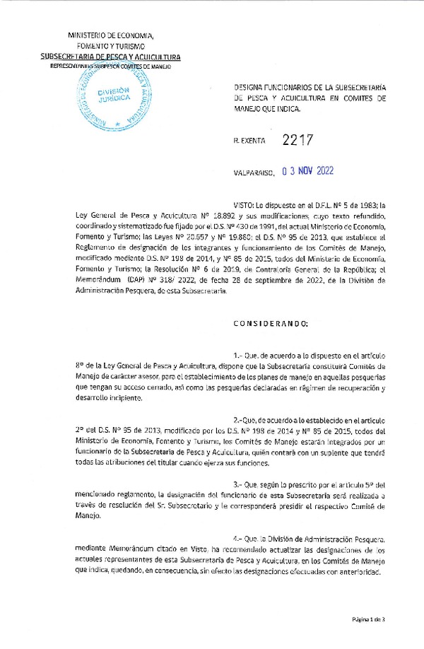 Res. Ex. N° 2217-2022 Designa Funcionarios de la Subsecretaría de Pesca y Acuicultura en Comités de Manejo que Indica. (Publicado en Página Web 09-12-2022)