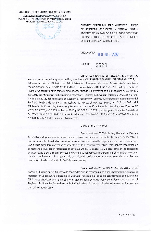Res. Ex. N° 2521-2022, Autoriza Cesión unidad de pesquería Anchoveta y Sardina común, Regiones Valparaíso a Los Lagos. (Publicado en Página Web 09-12-2022)