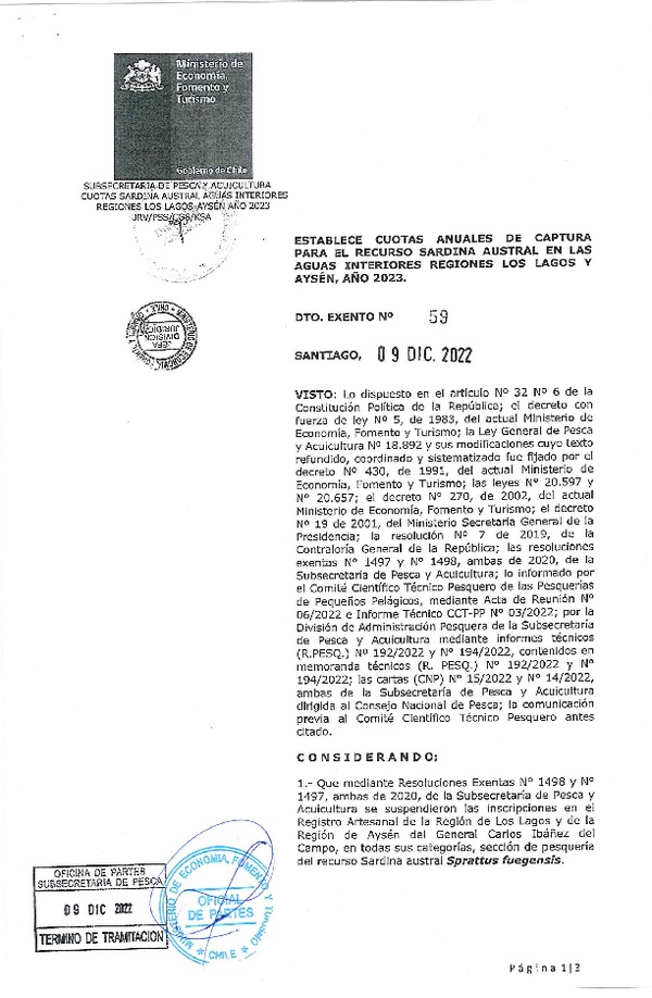 Dec. Ex. N° 59-2022 Establece Cuotas Anuales de Captura para el Recurso Sardina Austral en las Aguas Interiores Regiones de Los Lagos y Aysén, Año 2023. (Publicado en Página Web 12-12-2022)