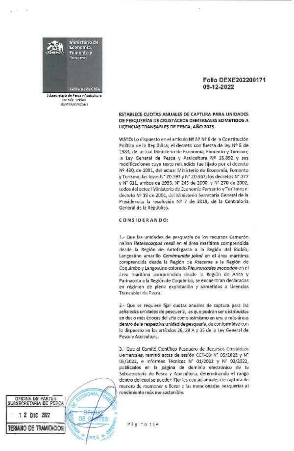 Dec. Ex. Folio 202200171 Establece Cuotas Anuales de Captura para Unidades de Pesquería de Crustáceos Demersales que Indica Sometidas a Licencias Transables de Pesca, Año 2023. (Publicado en Página Web 12-12-2022)