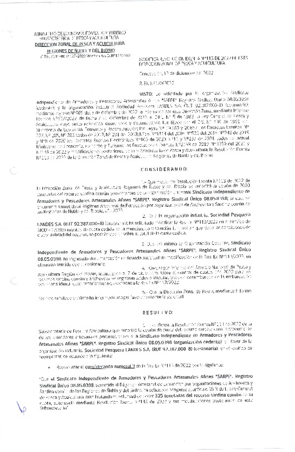 Res. Ex. N! 0120-2022 Modifica Res. Ex. N° 0113-2022 (DZP Ñuble y del Biobío) Autoriza cesión Sardina Común. (Publicado en Página Web 13-12-2022)
