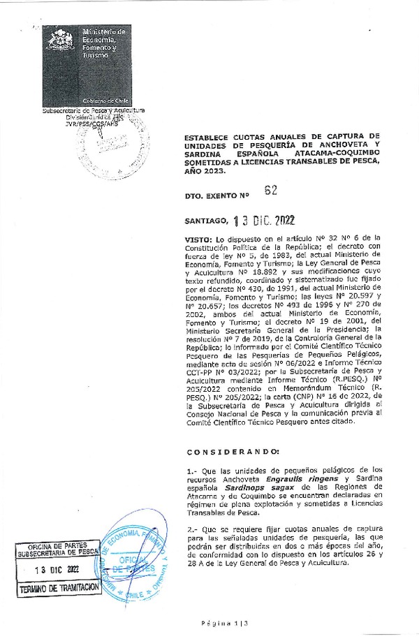 Dec. Ex. N° 62-2022 Establece Cuota de Captura de Unidades de Pesquería de Anchoveta y Sardina Española Atacama-Coquimbo Sometidas a Licencias Transables de Pesca, Año 2023. (Publicado en Página Web 14-12-2022)