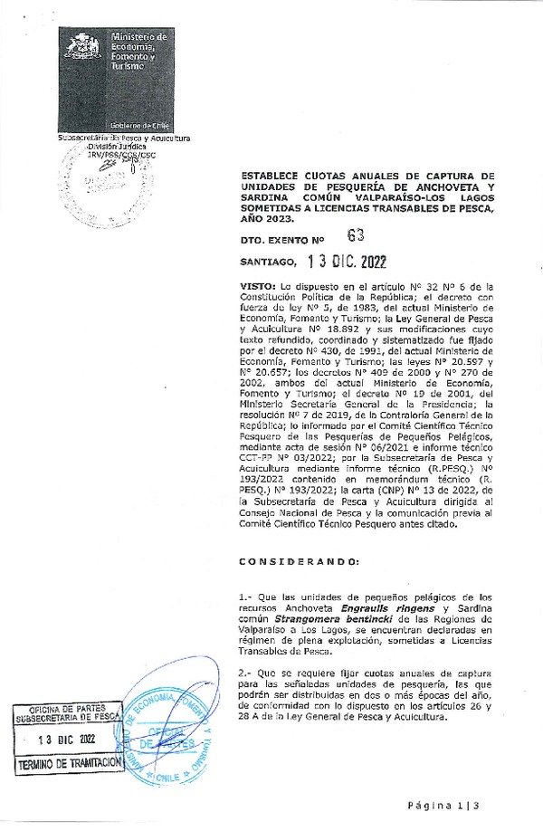 Dec. Ex. N° 63-2022 Establece Cuotas Anuales de Captura de Pesquería de Anchoveta y Sardina Común, Valparaíso - Los Lagos Sometidas a Licencias Transables de Pesca, Año 2023. (Publicado en Página Web 14-12-2022)