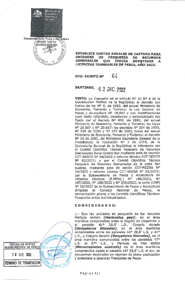 Dec. Ex. N° 64-2022 Establece Cuotas Anuales de Captura para Unidades de Pesquería de Recursos Demersales que Indica Sometidas a Licencias Transables de Pesca, Año 2023. (Publicado en Página Web 14-12-2022)