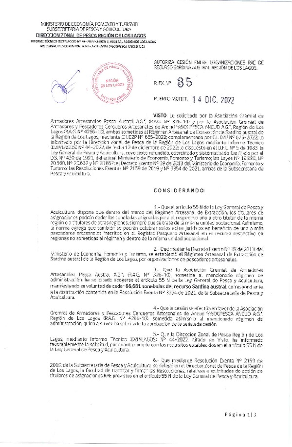 Res. Ex. N° 35-2022 (DZP Los Lagos) Autoriza cesión sardina austral Región de Los Lagos. (Publicado en Página Web 14-12-2022)