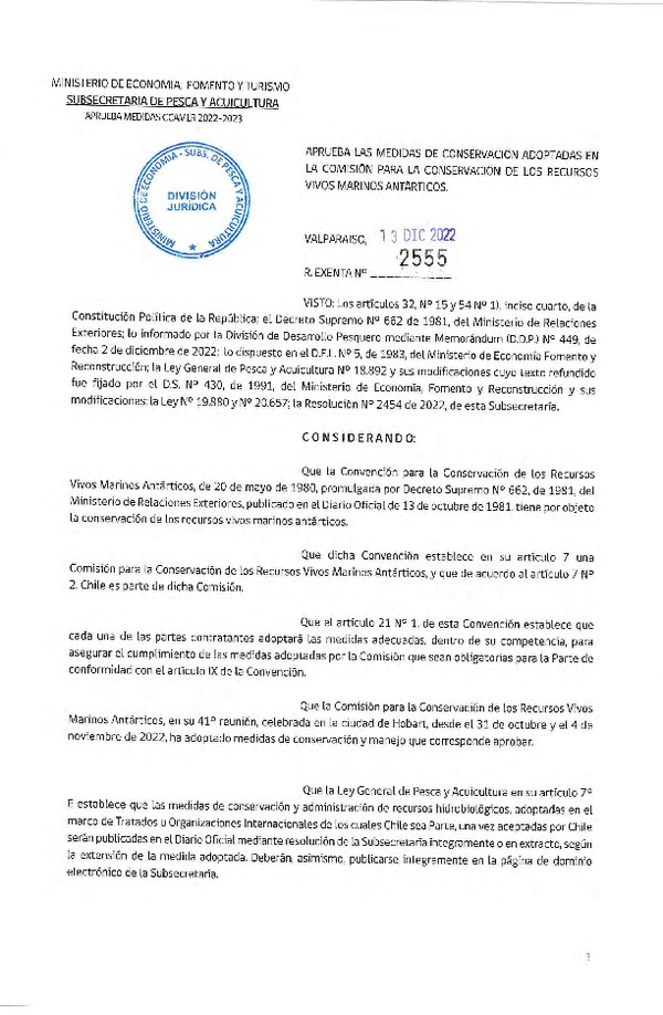 Res. Ex. N° 2555-2022 Aprueba las Medidas de Conservación Adoptadas en la Comisión Para la Conservación de los Recursos Vivos Marinos Antárticos, Temporada 2022-2023. (Publicado en Página Web 14-12-2022)