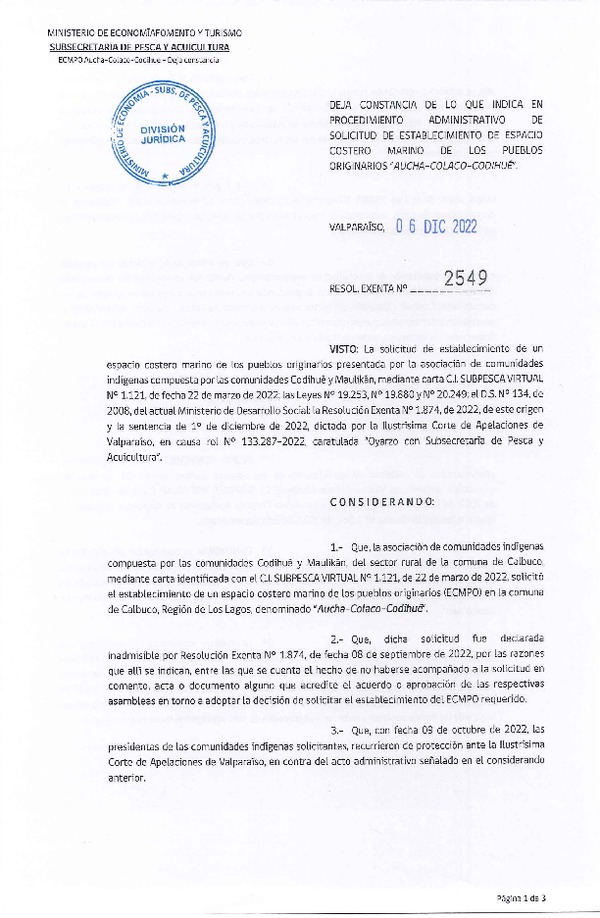 Res. Ex. N° 2549-2022 Deja constancia de lo que indica en procedimiento de solicitud de establecimiento de ECMPO que Indica. (Publicado en Página Web 14-12-2022)