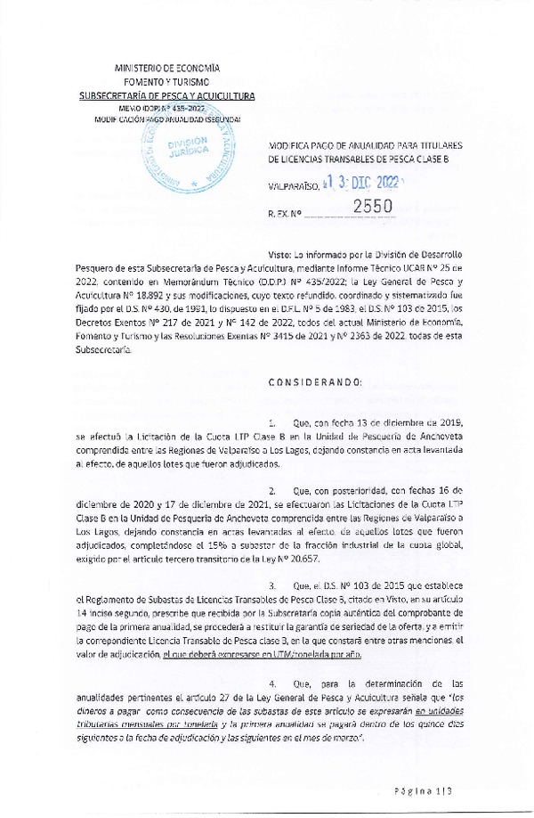 Res. Ex. N° 2550-2022 Modifica Pago de Anualidad para Titulares de LTP Clase B. (Publicado en Página Web 14-12-2022)