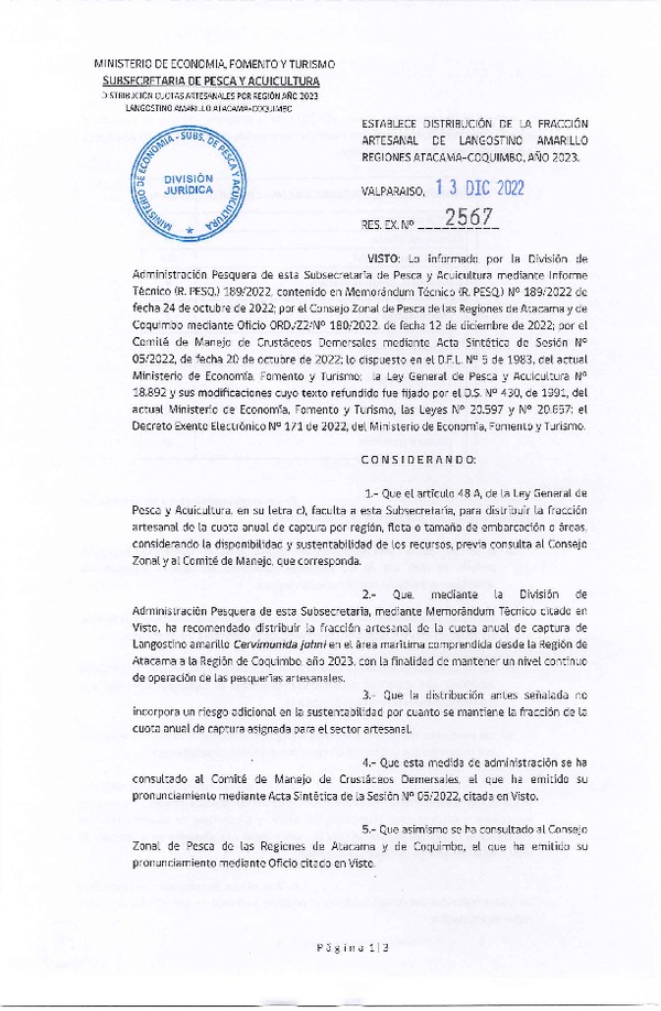 Res. Ex. N° 2567-2022 Establece Distribución de la Fracción Artesanal de Langostino Amarillo, Regiones de Atacama y Coquimbo, Año 2023. (Publicado en Página Web 15-12-2022)