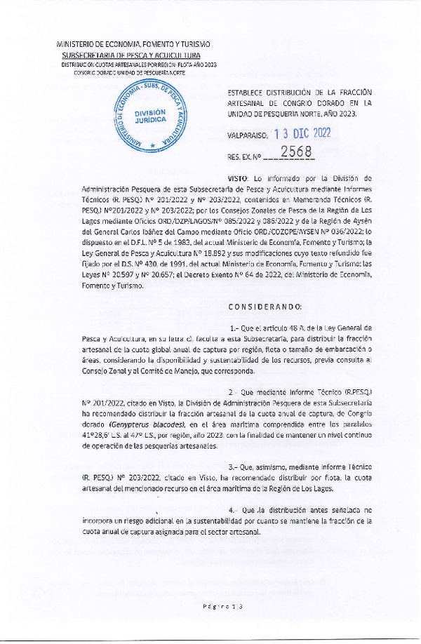 Res. Ex. N° 2568-2022 Establece Distribución de la Fracción Artesanal de Congrio Dorado, Unidad de Pesquería Norte, Año 2023. (Publicado en Página Web 15-12-2022)