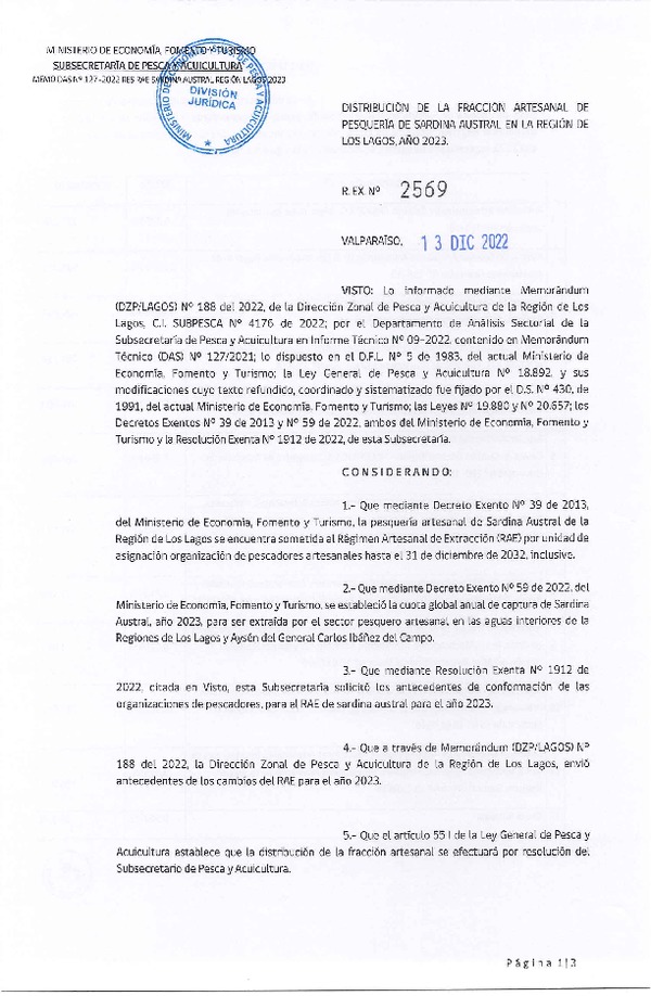 Res. Ex. N° 2569-2022 Distribución de la Fracción Artesanal de Pesquería de Sardina Austral, Región de Los Lagos, Año 2023. (Publicado en Página Web 15-12-2022)