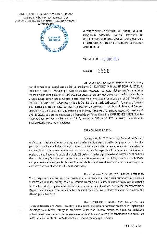 Res. Ex. N° 2558-2022 Autoriza Cesión Camarón Nailon, Regiones de Antofagasta a Región de del Biobío. (Publicado en Página Web 15-12-2022)