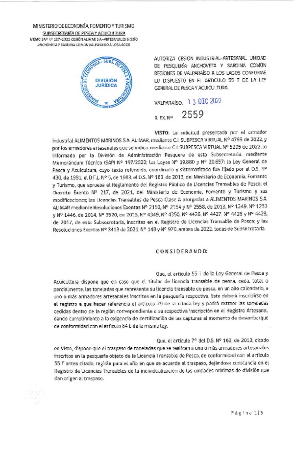 Res. Ex. N° 2559-2022, Autoriza Cesión unidad de pesquería Anchoveta y Sardina común, Regiones Valparaíso a Los Lagos. (Publicado en Página Web 15-12-2022)