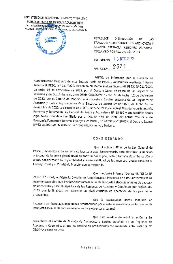 Res. Ex. N° 2571-2022 Establece Distribución de las Fracciones Artesanales de Anchoveta y Sardina Española Regiones de Atacama y Coquimbo, Por Región, Año 2023. (Publicado en Página Web 16-12-2022)