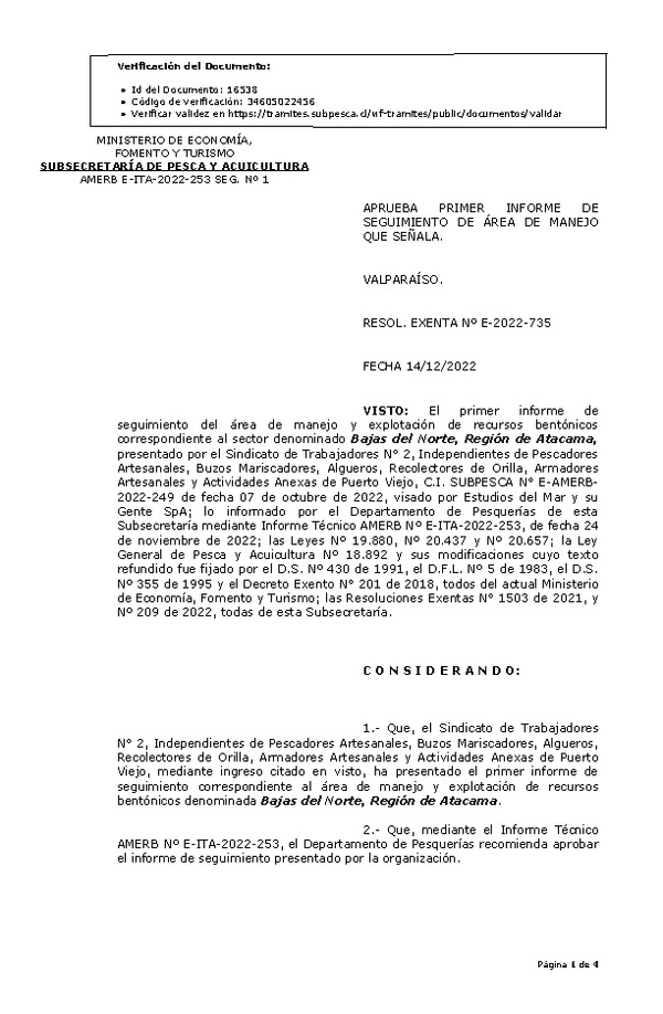 RESOL. EXENTA Nº E-2022-735 Aprueba 1° Seguimiento. (Publicado en Página Web 16-12-2022)