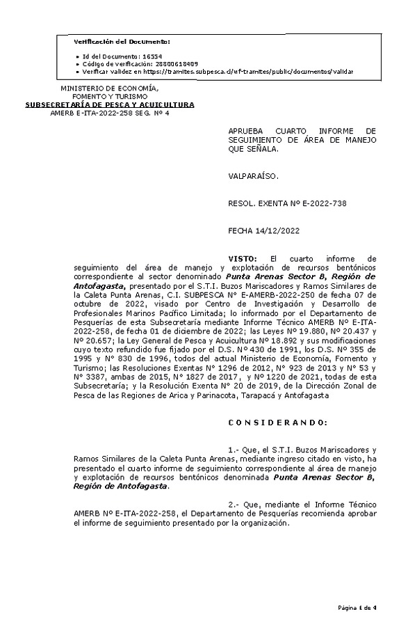 RESOL. EXENTA Nº E-2022-738 Aprueba 4° Seguimiento. (Publicado en Página Web 16-12-2022)