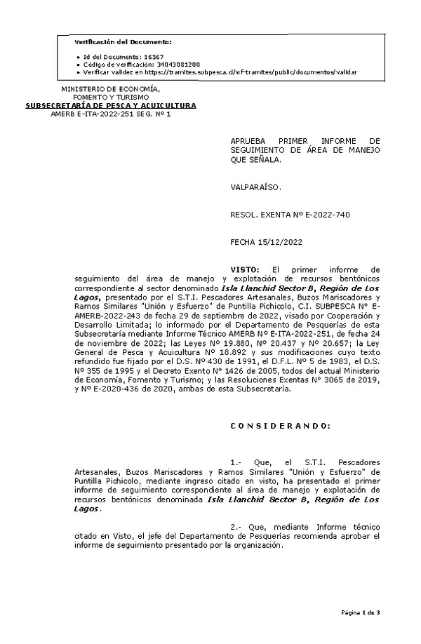 RESOL. EXENTA Nº E-2022-740 Aprueba 1° Seguimiento. (Publicado en Página Web 16-12-2022)